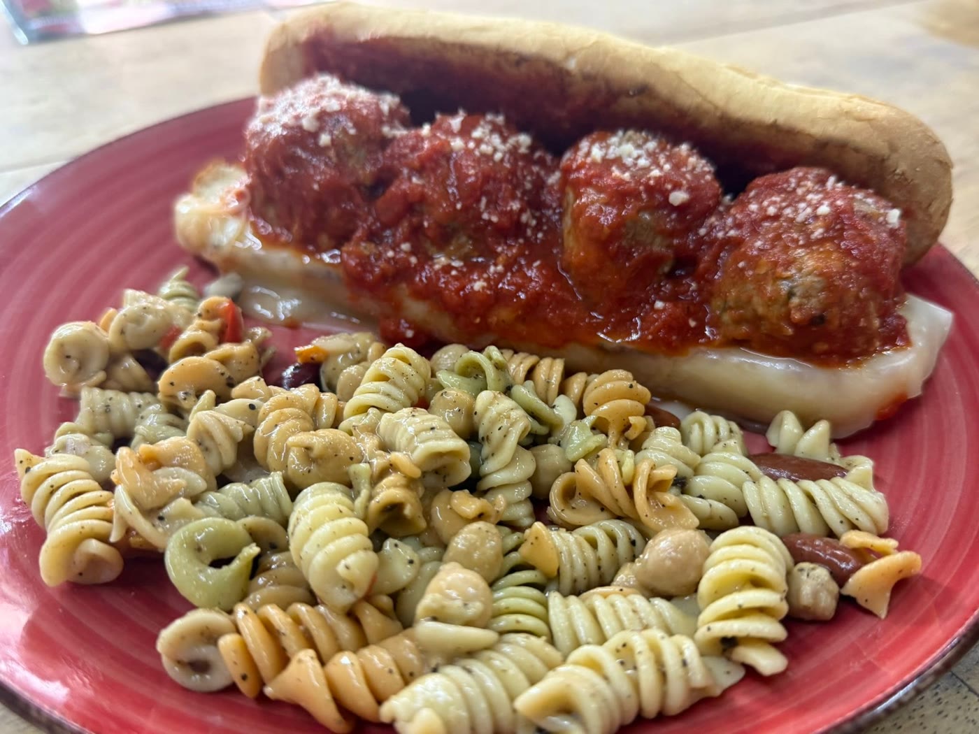 Meatball sub with house pasta salad